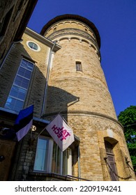 Tallin, Estonia - July 21, 2022: Medieval Tower With The Estonian And The Tal Tech (Tallinn University Of Technology) Flags.