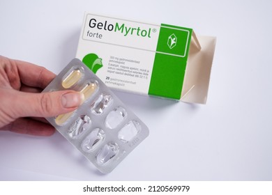 Tallinn, Estonia - 02.08.2022: GeloMyrtol Forte Capsules By Pohl-Boskamp For Chronic Bronchitis And Acute Sinusitis Treatment. Mixture Of Eucalyptus, Sweet Orange, Myrtle And Lemon Essential Oils.