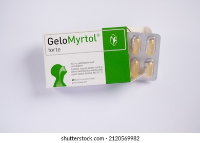 Tallinn, Estonia - 02.08.2022: GeloMyrtol Forte Capsules By Pohl-Boskamp For Chronic Bronchitis And Acute Sinusitis Treatment. Mixture Of Eucalyptus, Sweet Orange, Myrtle And Lemon Essential Oils.