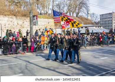 Tallinn, Estonia - 02/24/2020: Celebration Of The Independence Day Of Estonia In The Capital City; American Soldiers Marching In Military Parade