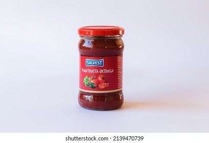 Tallinn, Estonia - 03.20.2022: Salvest Jarred Tomato Paste With Herbs. Quality Food Product.