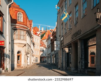 Tallinn, Estonia - 07 01 2023: Beautiful narrow streets of the old town of Tallinn. Historical European architecture. Beautiful European city - Shutterstock ID 2332988697