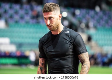 TALLINN, ESTONIA - 14 AUGUST, 2018: Sergio Ramos Of Real Madrid Seen During Official Training Before The UEFA Super Cup 2018 Match Between Real Madrid And Atletico Madrid.