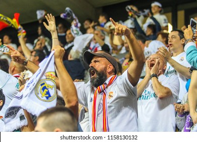 TALLINN, ESTONIA - AUGUST 15, 2018: Spanish Football Fans During The Match 2018 UEFA Super Cup Real Madrid - Atletico At The Stadium A. Le Coq Arena