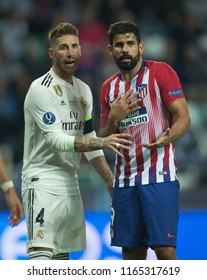 TALLINN, ESTONIA - AUGUST 15, 2018: Sergio Ramos (L) And Diego Costa (R) During The UEFA Super Cup 2018 Match Real Madrid - Atletico Madrid