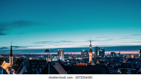 Tallinn, Estonia, Europe. Time Lapse Time-lapse From Night To Day, Of Cityscape. Transition From Night To Morning Sunrise. Old Town And Modern City. Popular Place With Famous Landmarks. UNESCO. Set