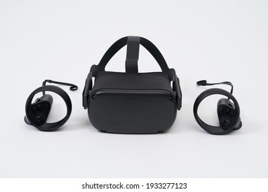 Tallinn, Estonia - February 04, 2021: Oculus Quest VR controllers. The Oculus Quest is a first all in virtual reality wireless headset and system created by Oculus VR, division of Faceboo