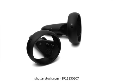 Tallinn, Estonia - February 06, 2021: Oculus Quest VR controllers. The Oculus Quest is a first all in virtual reality wireless headset and system created by Oculus VR, division of Facebook