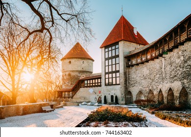 Tallinn, Estonia. The Former Prison Tower Neitsitorn In Old Tallinn. Medieval Maiden Tower At Winter Sunrise In Sunny Morning