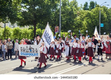 Tallinn, Estonia - JUL 06, 2019: Children On Parade During Estonian Song Festival