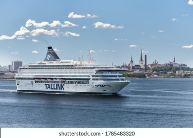 Tallinn, Estonia - July 26, 2020: Tallink Cruise Ferry Ship On The Old Tallinn Background