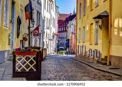 Tallinn, Estonia - July 8, 2018: Empty Streets And Restaurant Patio Before The Crowds Arrive In Old Town Tallinn, Estonia