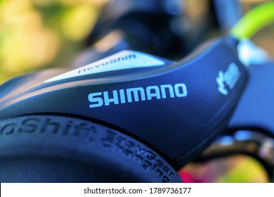 Tallinn / Estonia - June 23, 2020: Close-up logo of the Japanese company Shimano, One of the Best brake system for Bicycles