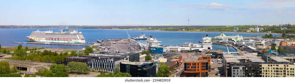 Tallinn, Estonia, May 26, 2022: Panoramic View Of The Busy Cruise Ship Port Of Tallinn