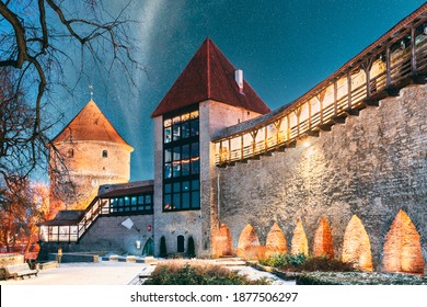 Tallinn, Estonia. Night Starry Sky Above Traditional Old Architecture Skyline In Old Town. Former Prison Tower Neitsitorn In Winter Evening Night. Famous Landmark. Altered Sky With Stars. - Powered by Shutterstock