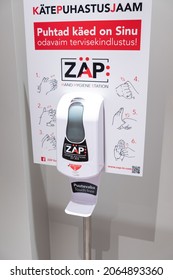 Tallinn, Estonia - October 18: Zäp Hand Cleaning Station In Public Space. Smart Tech Touch-free Hand Sanitizer Device By Zap.