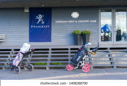 Tallinn / Estonia - October 2017:  Detail Of The Main Building Of The Estonian Golf And Country Club Near Tallinn During Peugeot Crossover Exhibition. Golf Trolleys In Front Of The Entrance.