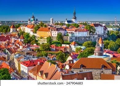 Tallinn, Estonia, Old Town Skyline Of Toompea Hill.