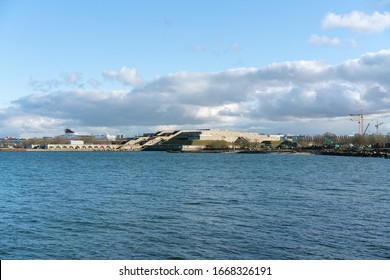 Tallinn / Estonia-03.05.2020: Lenin Palace Of Culture And Sports, 1980 Summer Olympics - Moscow. Used As Concert Hall. Stone Construction Near The Linda Line Boat Company Harbour . View From The Sea