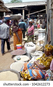 Tamale, Ghana - 5 January 2016: Vendors In A Fresh Food And Grain Market In A Small Town In Ghana, West Africa.