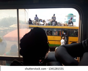 Tamale, Ghana, May 2018. Crowded Bus Leaving Tamale Bus Station.