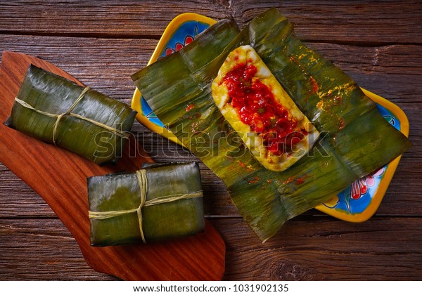 Tamale\
Mexican food recipe with banana leaves\
steamed
