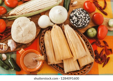 Tamales Mexicanos, Mexican Tamale And Ingredients, Spicy Food In Mexico