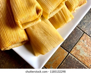 Tamales On A White Plate, Overhead View