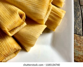 Tamales On A White Plate, Overhead View