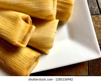 Tamales On A White Plate, Overhead View