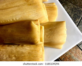 Tamales On A White Plate, Overhead View