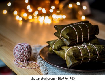 Tamales Traditional Dish For Christmas In Latin America, Focus Selective, Lights.