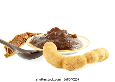 Tamarind With Tamarind  Concentrate Chutney Pulp Or Paste On White Background