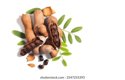 Tamarind tropical fruits isolated on white background. Fresh Tamarind pods with leaves (Tamarindus indica, Indian date), healthy vegan food close up, top view, flat lay   - Powered by Shutterstock