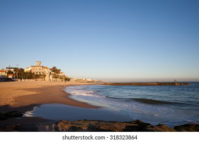 Tamariz beach by the Atlantic Ocean at sunset in resort town of Estoril, municipality of Cascais, Portugal.