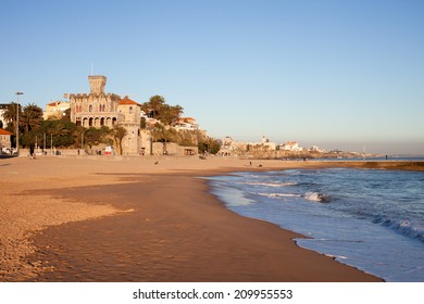 Tamariz Beach overlooked by a castle in resort town of Estoril, near Lisbon in Portugal.