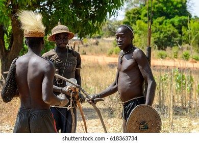 TAMBERMA VIL, TOGO - JAN 13, 2017: Unidentified Tammari Men With National Attributes In The Village. Tammaris Are Ethnic Group Of Togo And Benin