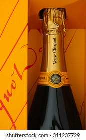 Tambov, Russian Federation - August 16, 2015 Bottle of Champagne Veuve Clicquot Brut in box. Studio shot.