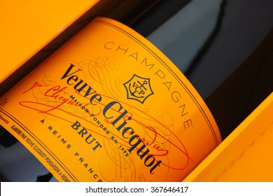 Tambov, Russian Federation - August 16, 2015 Bottle of Champagne Veuve Clicquot Brut in box. Studio shot.