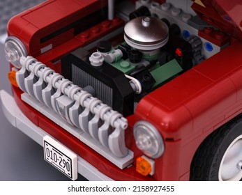 Tambov, Russian Federation - January 03, 2022 Lego Pickup Truck With Its Hood Open And Its Engine Visible. Close-up