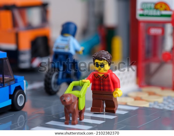 Tambov, Russian\
Federation - January 07, 2022 A Lego blind or partially-sighted\
person minifigure with a guide dog crossing the road using a\
pedestrian crossing