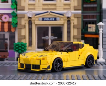 Tambov, Russian Federation - July 02, 2021 Lego Toyota GR Supra race car by LEGO Speed Champions on a city street