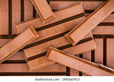Tambov, Russian Federation - March 19, 2021 KitKat 4 finger milk chocolate bars. Full frame.