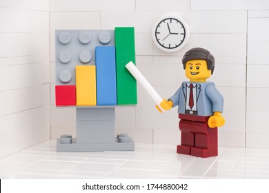 Tambov, Russian Federation - May 29, 2020 Lego minifigure businessman pointing out company growth on a chart.