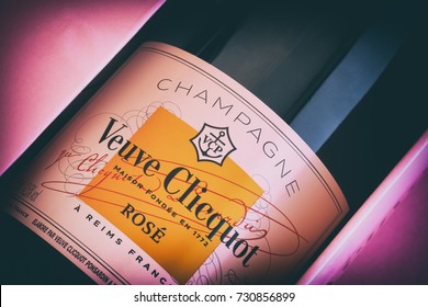 Tambov, Russian Federation - October 06, 2017 Close-up of Bottle of Champagne Veuve Clicquot Rose in pink box. Studio shot.