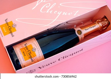 Tambov, Russian Federation - October 06, 2017 Champagne Veuve Clicquot Rose Bottle in pink box. Pink background. Studio shot.