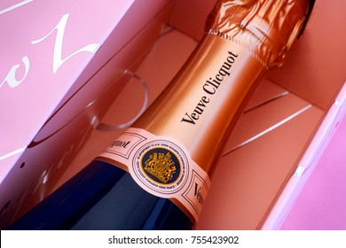 Tambov, Russian Federation - October 06, 2017 Top of Champagne Veuve Clicquot Rose bottle in pink box. Studio shot.