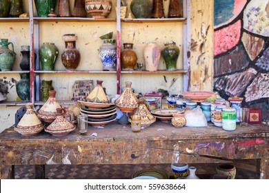 TAMEGROUTE, MOROCCO - MARCH 29,2015: Pottery Laboratory In Tamegroute, Morocco. The Typical Pottery From Tamegroute Is Green, The Color Of Islam