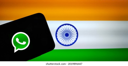 Tamilnadu, India - July 21 2021 : Whatsapp Logo On A Smartphone With Blurred Indian Flag Background