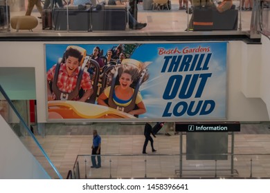 Tampa Bay, Florida. July 12, 2019 Busch Gardens Sign At Tampa International Airport..